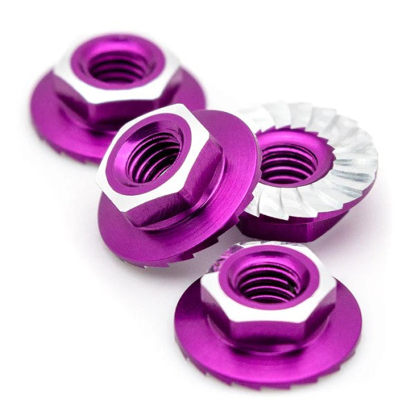 1Up Racing – Lockdown 7075 aluminium M4 flanged and serrated wheel nuts – Purple (4)