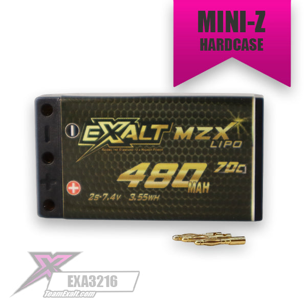 TEAM EXALT X-RATED – 480MAH 70C 2S 7.4V MINI LIPO HARDCASED BATTERY PACK (2MM BULLETS) – 1:28TH SCALE CARS