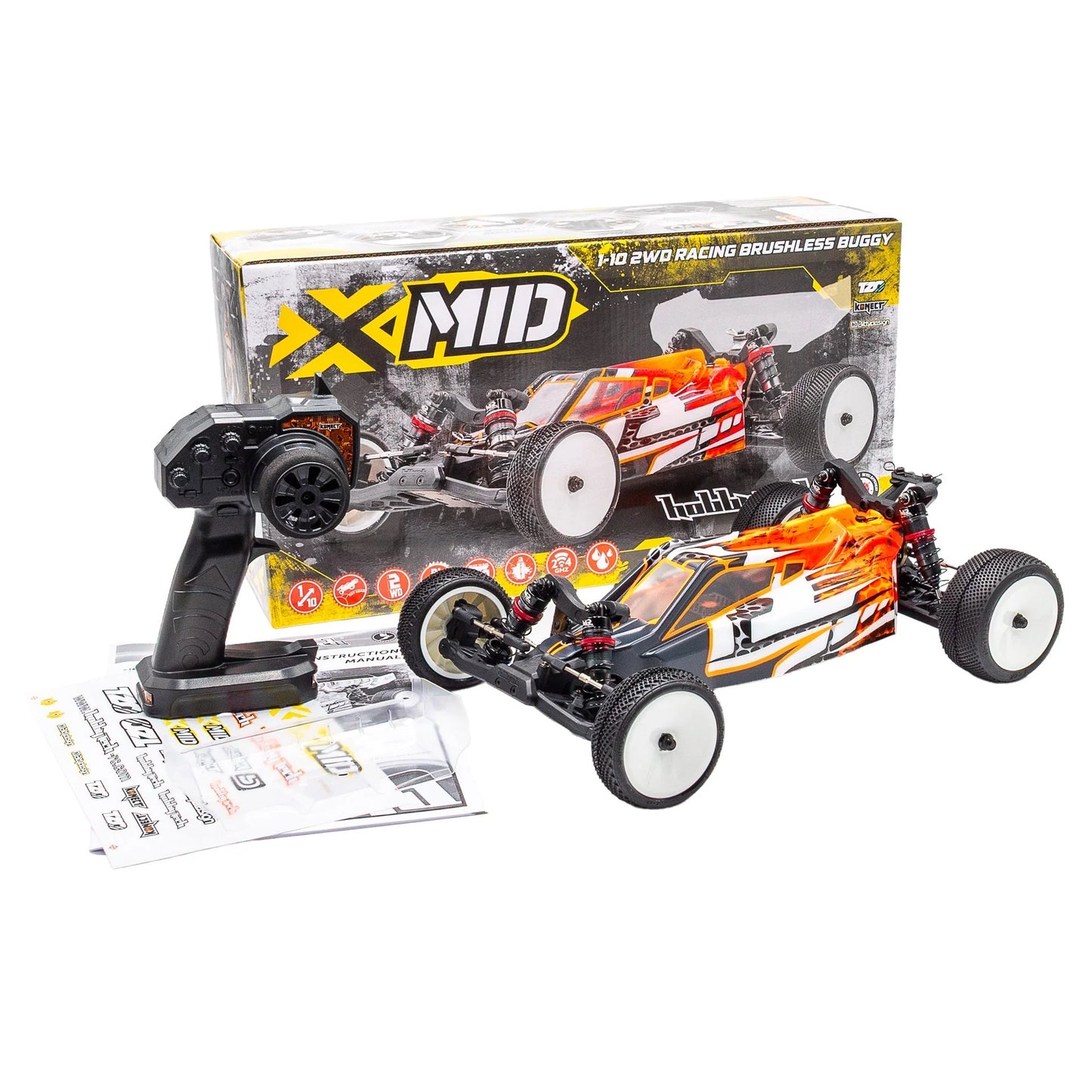 HOBBYTECH XMID 2WD 1/10TH BRUSHLESS BUGGY RTR INC BATTERY AND CHARGER.