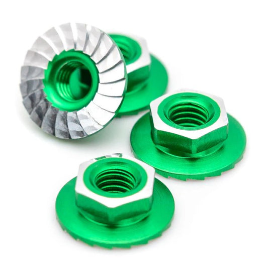 1UP RACING – LOCKDOWN 7075 ALUMINIUM M4 FLANGED AND SERRATED WHEEL NUTS – GREEN (4)