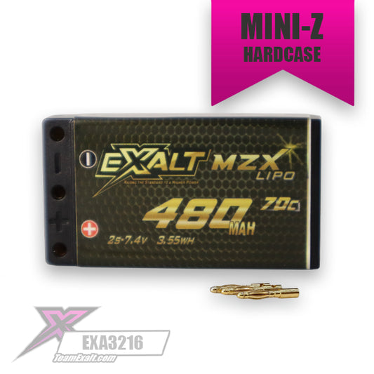 TEAM EXALT X-RATED – 480MAH 70C 2S 7.4V MINI LIPO HARDCASED BATTERY PACK (2MM BULLETS) – 1:28TH SCALE CARS