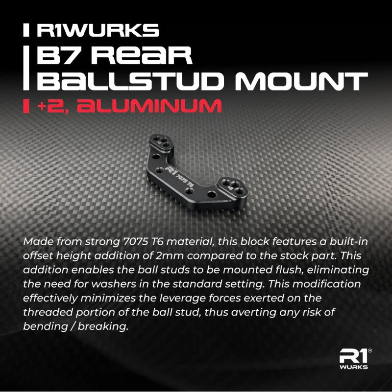 R1 Wurks – Black 7075 T6 aluminium rear ballstud mount – +2mm (AE B7)