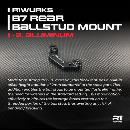 R1 Wurks – Black 7075 T6 aluminium rear ballstud mount – +2mm (AE B7)