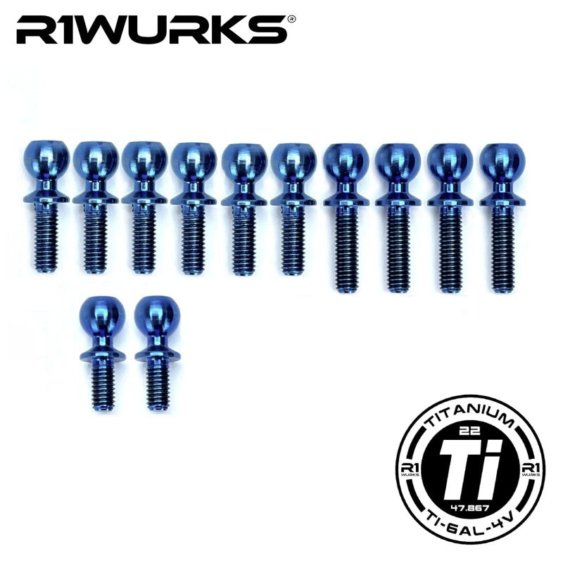 R1 Wurks – Titanium turnbuckle ball stud set – blue anodised – 12 pcs (AE B7)