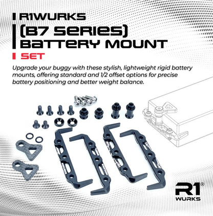 R1 Wurks – Black 7075 aluminium battery mount set with carbon tabs (AE B7)