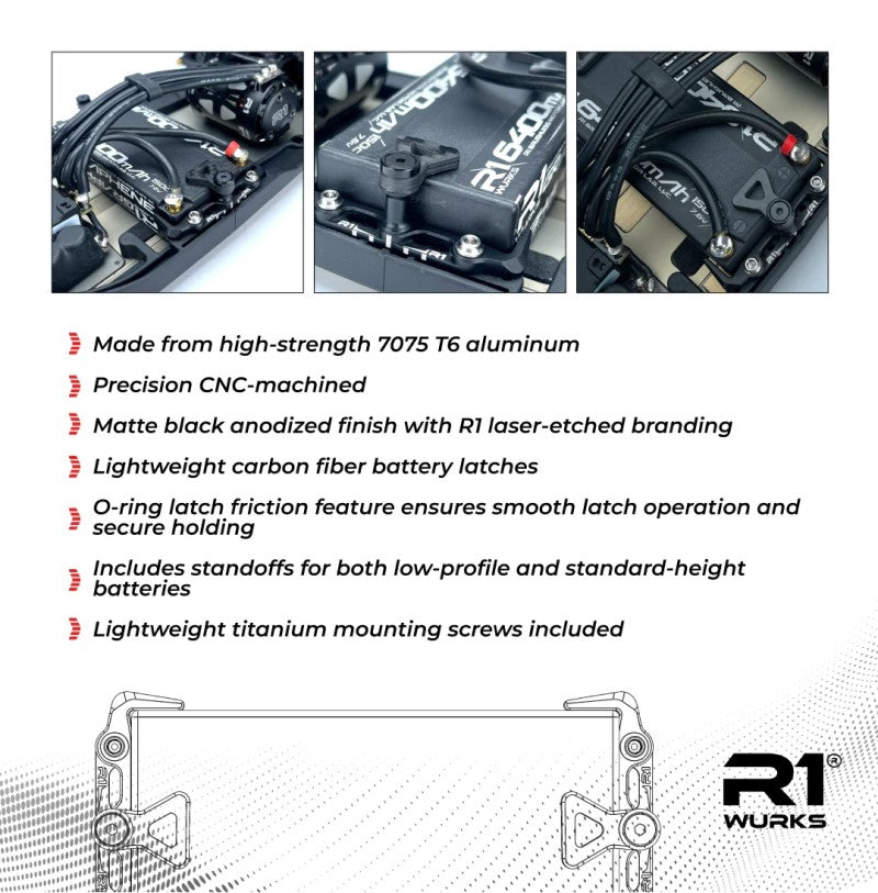 R1 Wurks – Black 7075 aluminium battery mount set with carbon tabs (AE B7)
