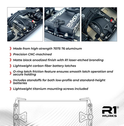 R1 Wurks – Black 7075 aluminium battery mount set with carbon tabs (AE B7)