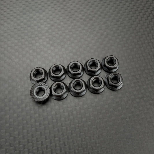 R1 WURKS – M4 FLANGED SERRATED BLACK NUTS – 10 PCS (R1B)
